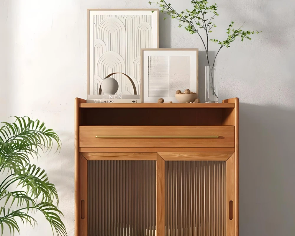 wooden sideboard with glass doors